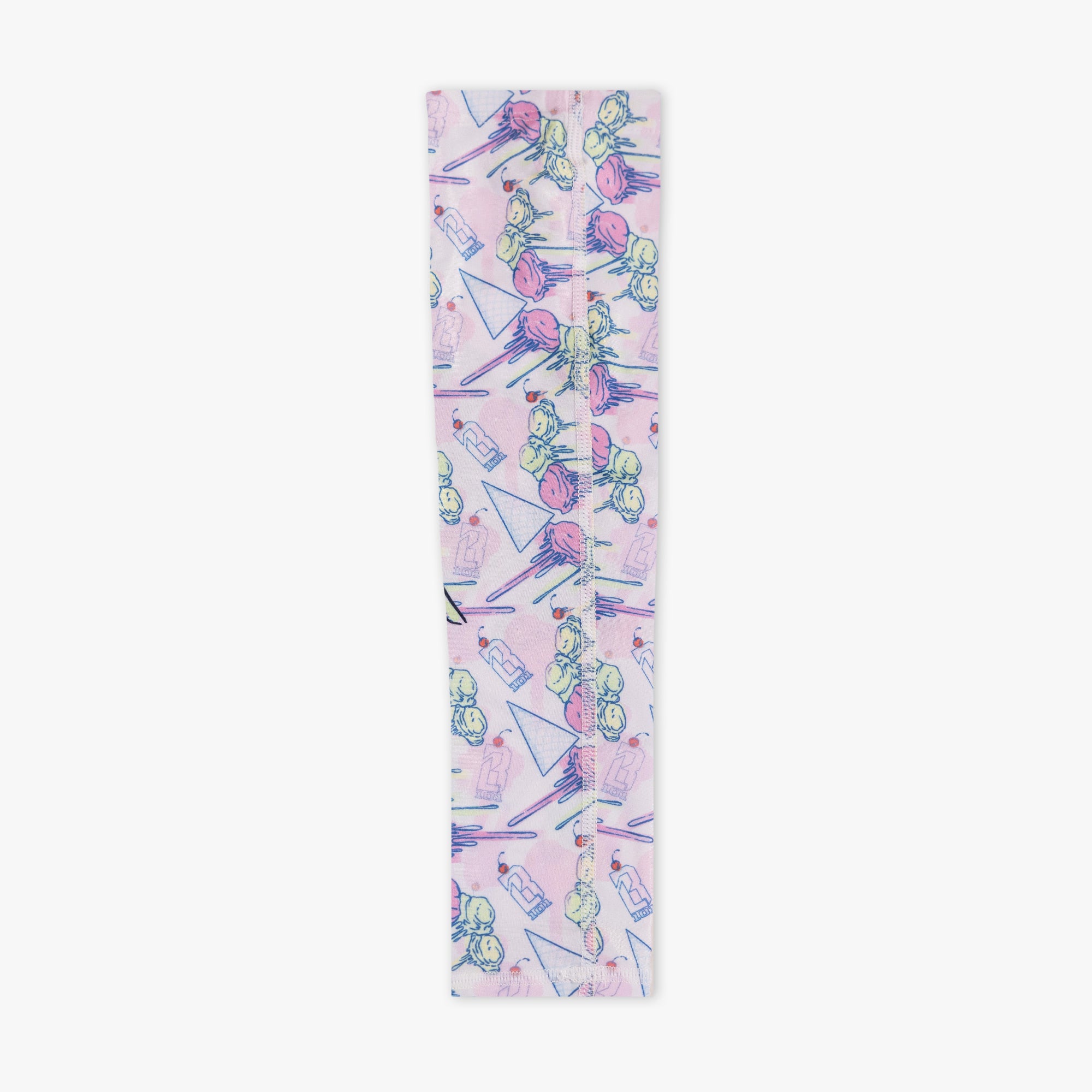 Youth model wearing youth sleeve with "Fastball Scoops Arm Sleeve" design