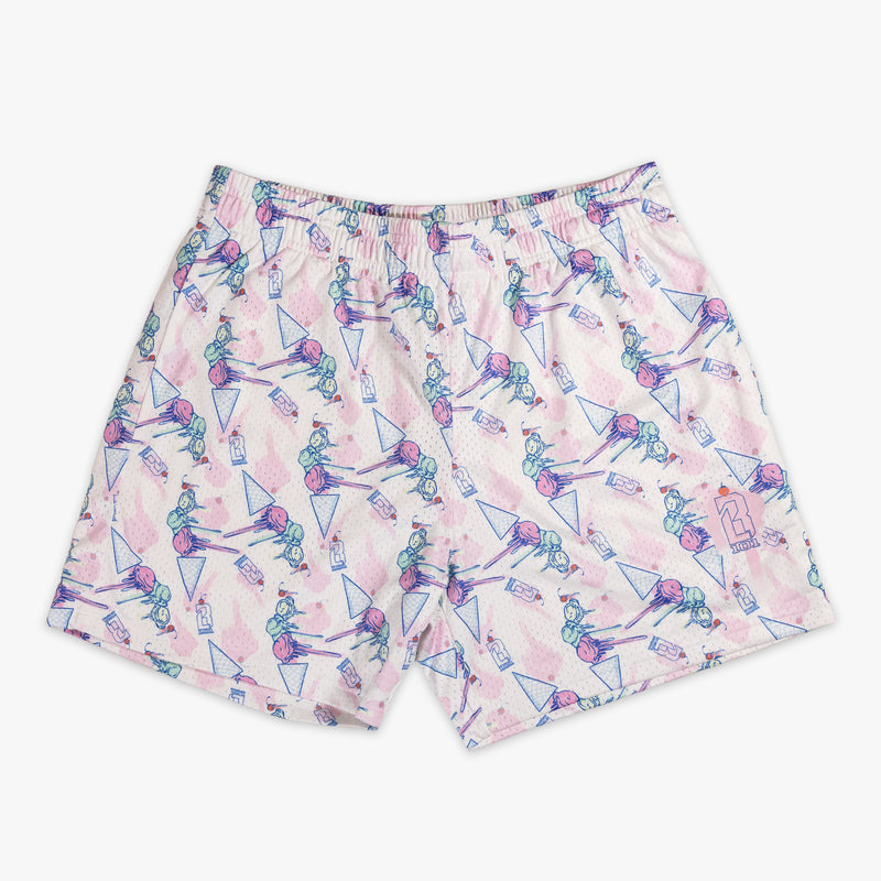 Youth model wearing youth shorts with "Fastball Scoops" design