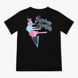Youth model wearing black Fastball Scoops youth graphic tee