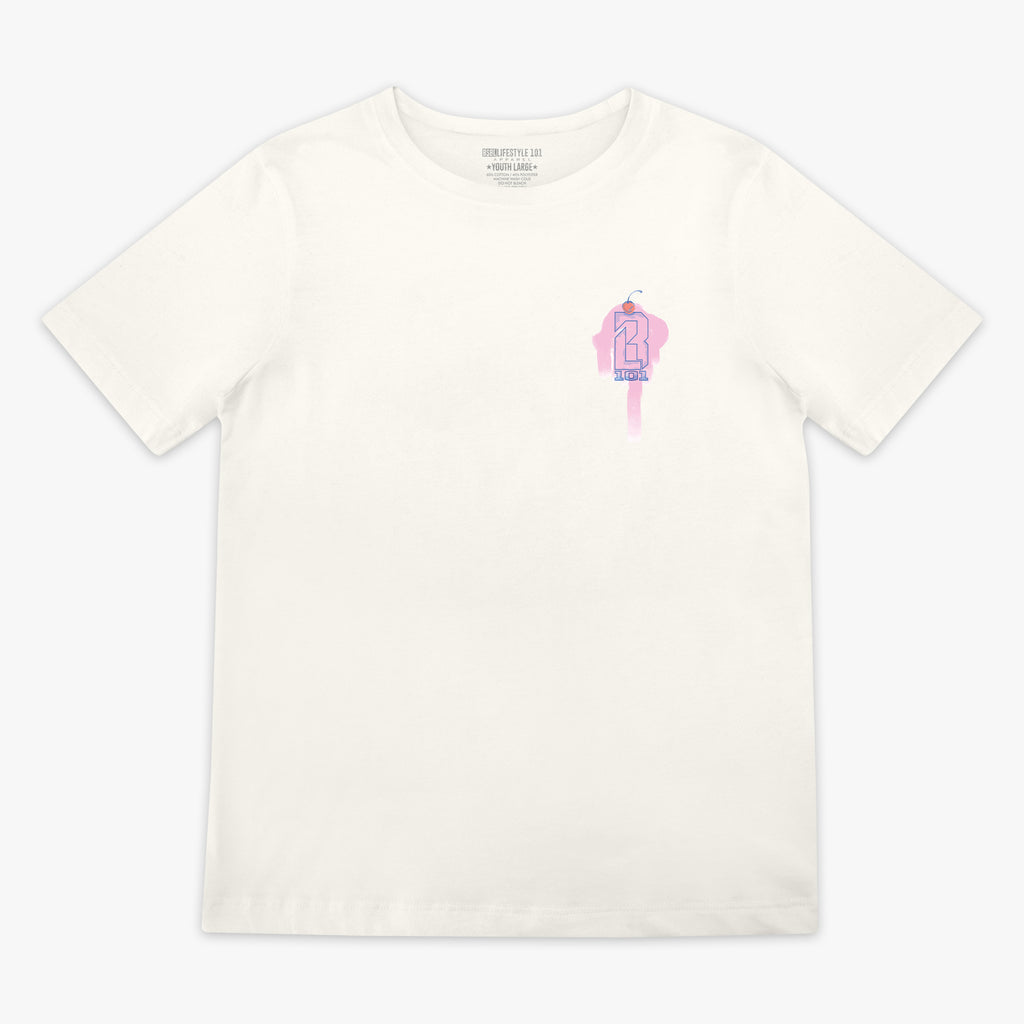Youth model wearing cream Fastball Scoops youth graphic tee