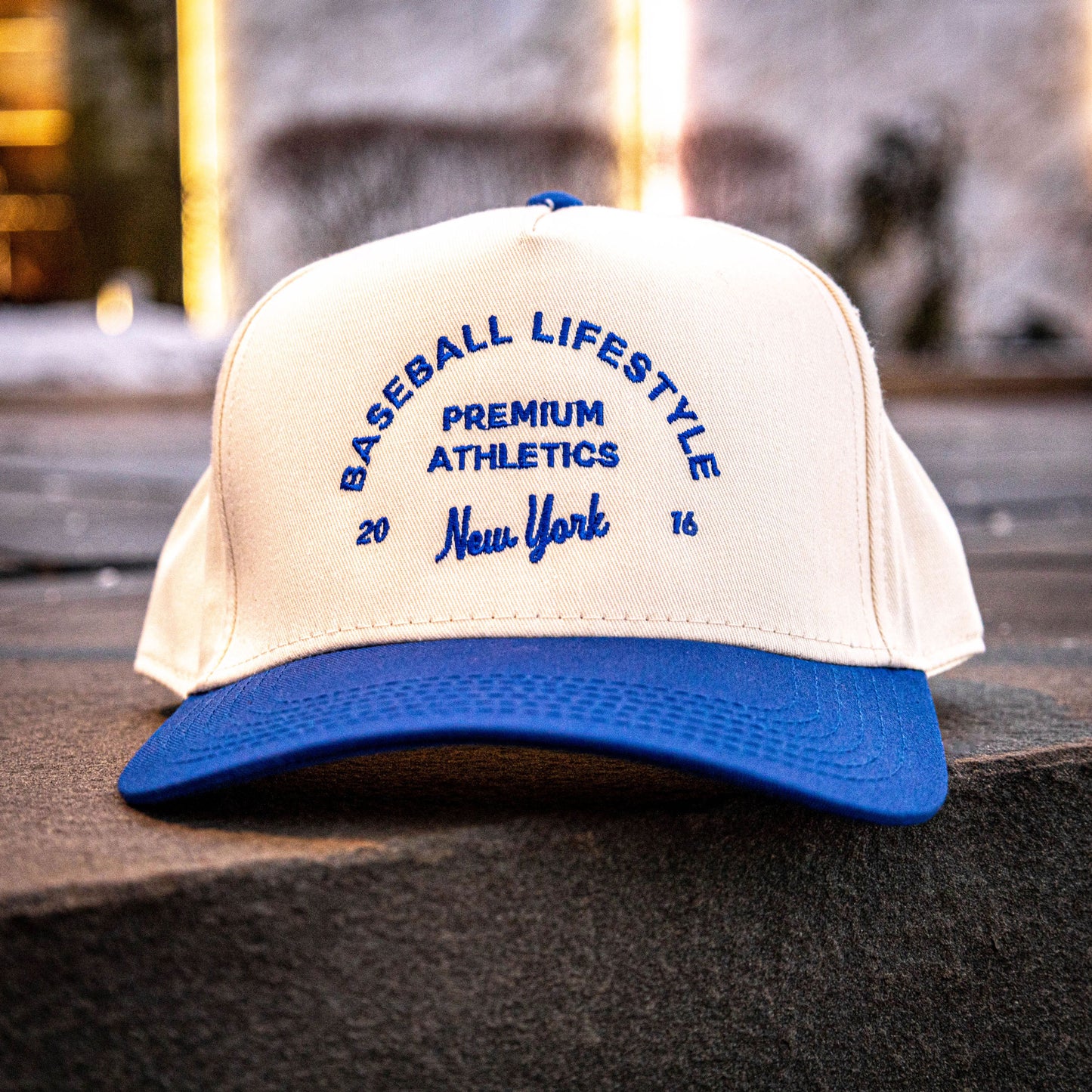 Premium Athletics Snapback Hat - Cream/Blue