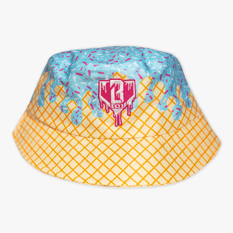 Adult model wearing hat with "Ice Cream Bucket" design