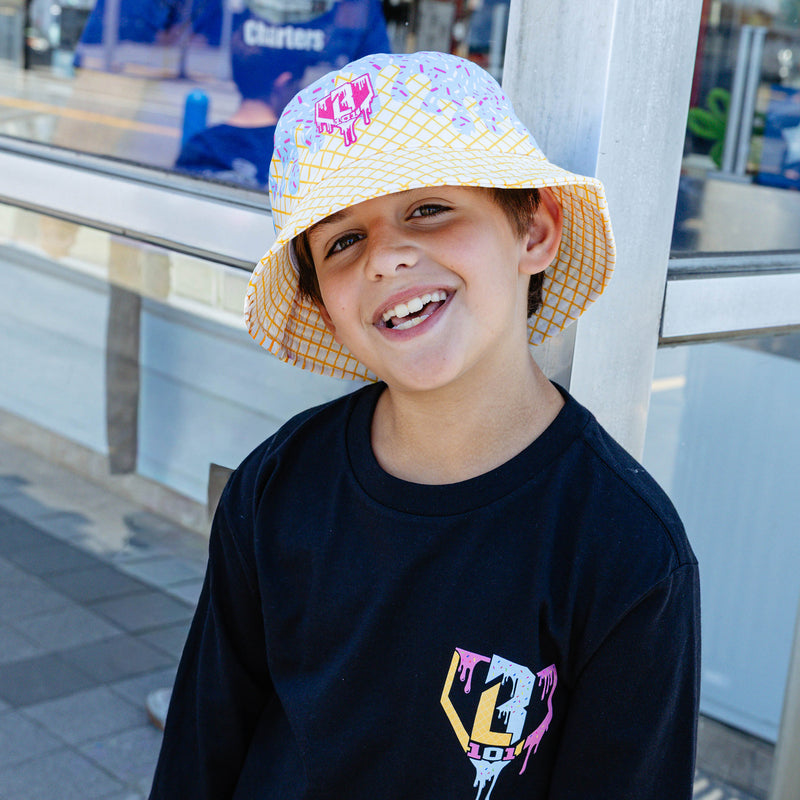 Adult model wearing hat with "Ice Cream Bucket" design
