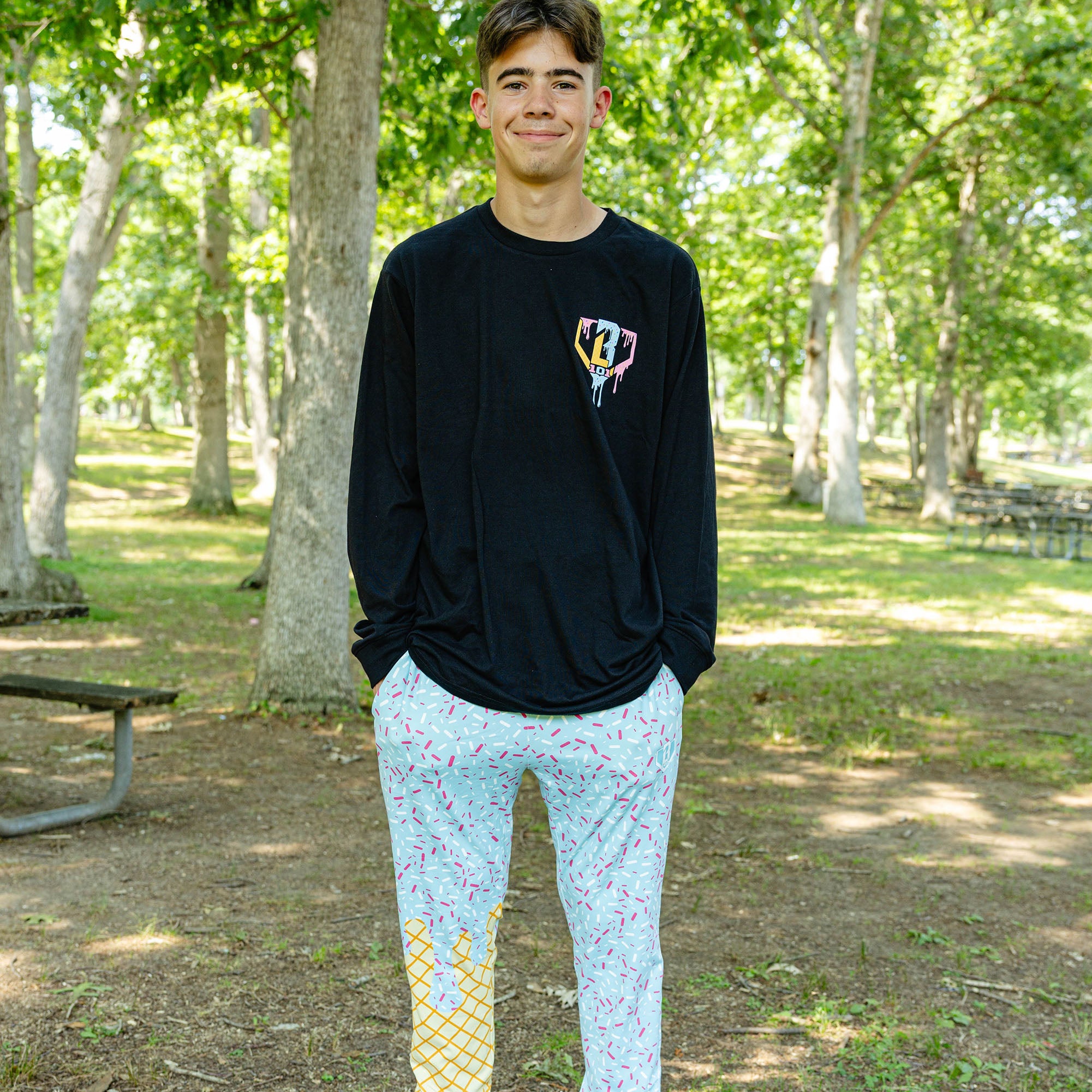 Adult model wearing ice Cream Pajama Pants Cotton Candy Blue pants