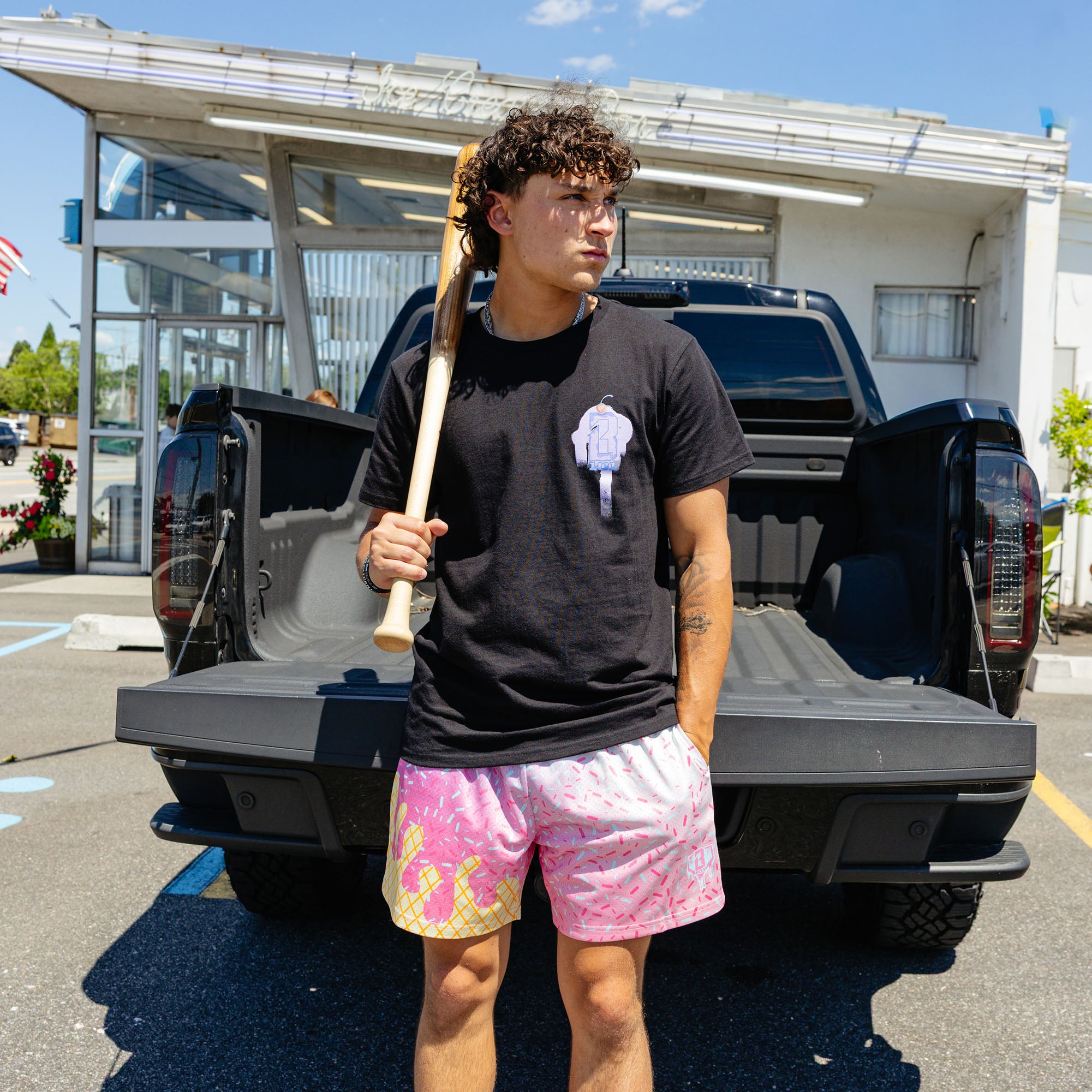 Adult model wearing ice Cream Frosted shorts