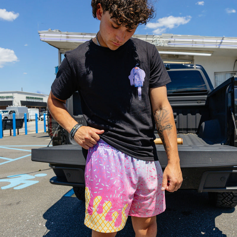 Adult model wearing ice Cream Frosted shorts