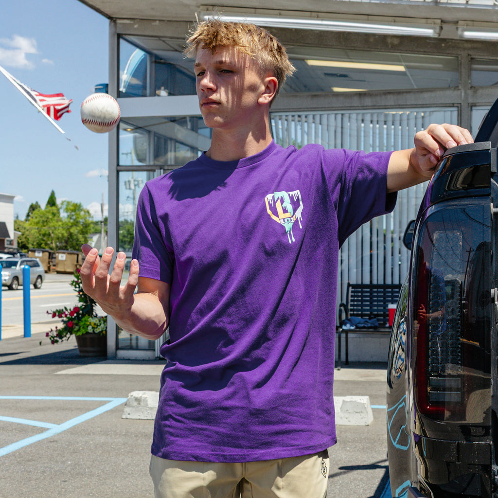 Adult model wearing ice Cream Galaxy Grape graphic tee