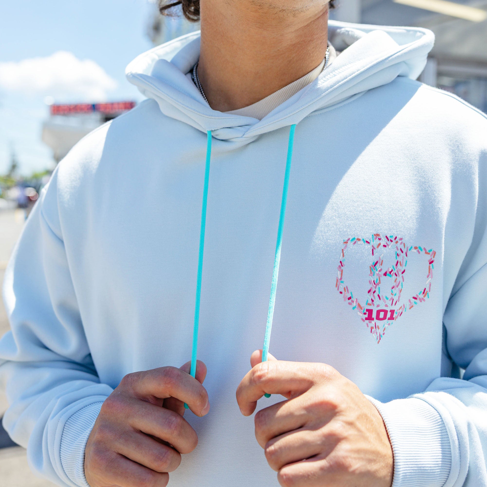 Adult model wearing hoodie with "Safe N Sweet" design
