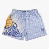 Adult model wearing shorts with "Scoop SZN" design