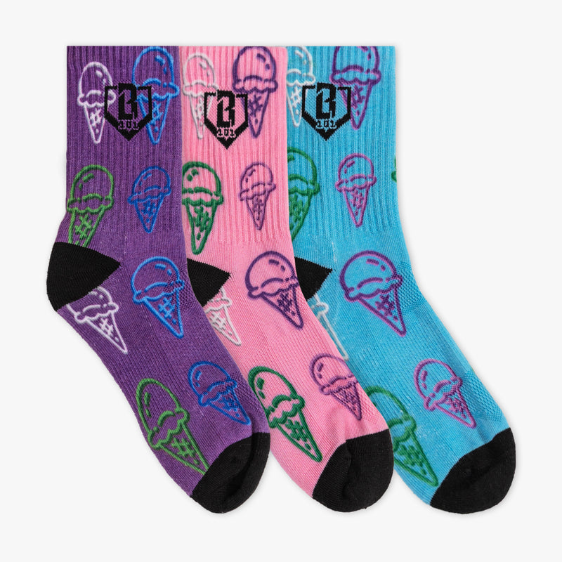 Adult model wearing scoops Performance Socks Galaxy 3-Pack socks