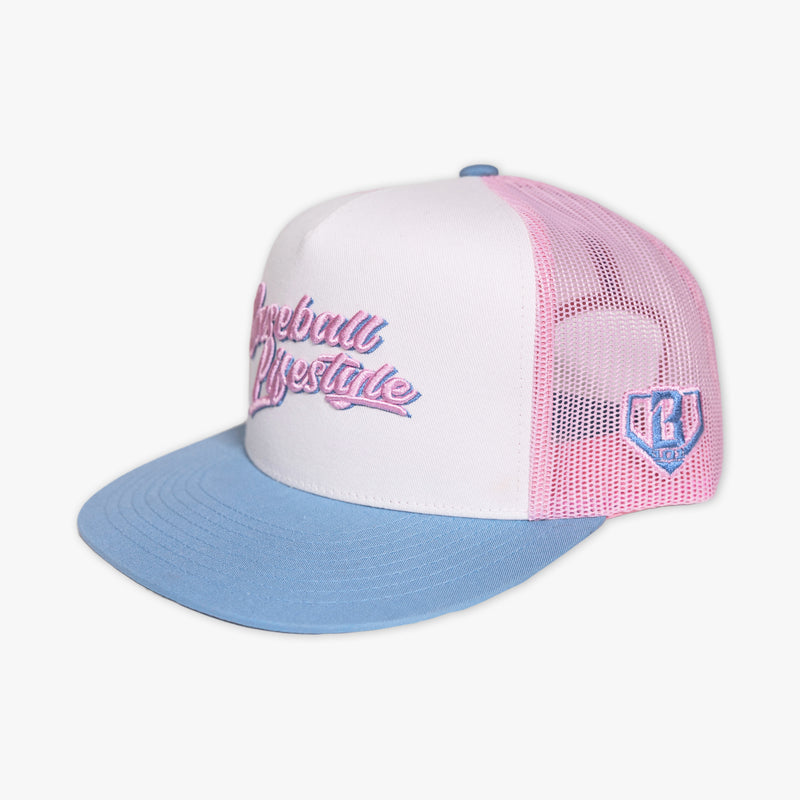 Adult model wearing signature Off Field Snapback Cotton Candy snapback