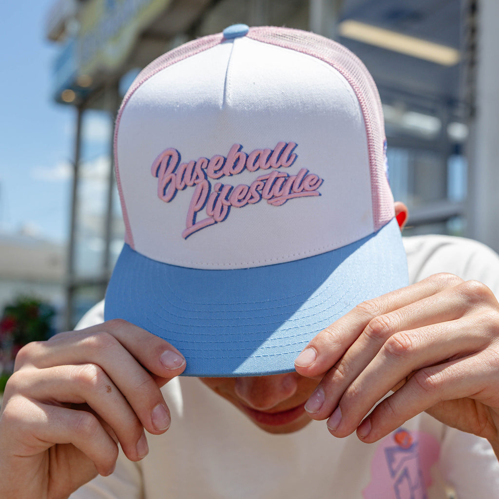 Adult model wearing signature Off Field Snapback Cotton Candy snapback