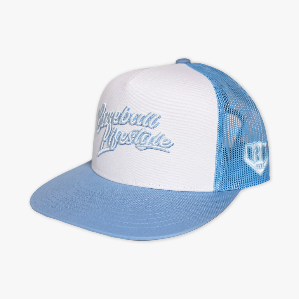 Adult model wearing white and blue Signature Off Field Snapback snapback