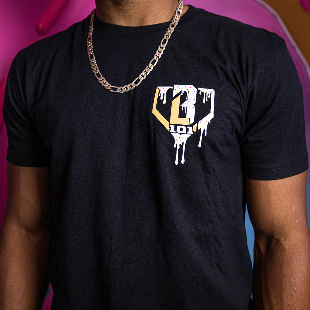 Youth model wearing black & white Ice Cream Vanilla youth graphic tee