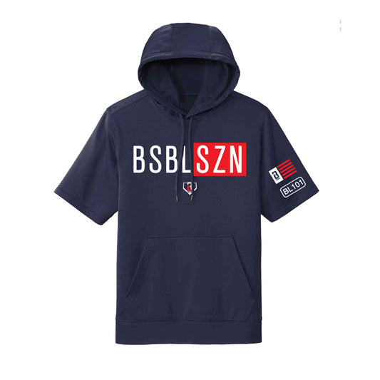 Navy short sleeve hoodie with red and white BSBLSZN logo