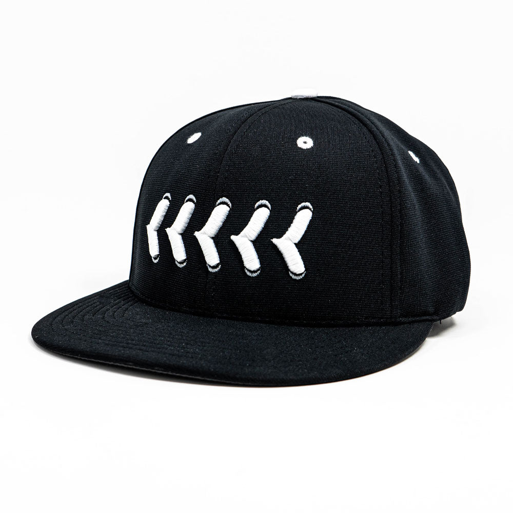 Front view of fitted black hat with white baseball stitching