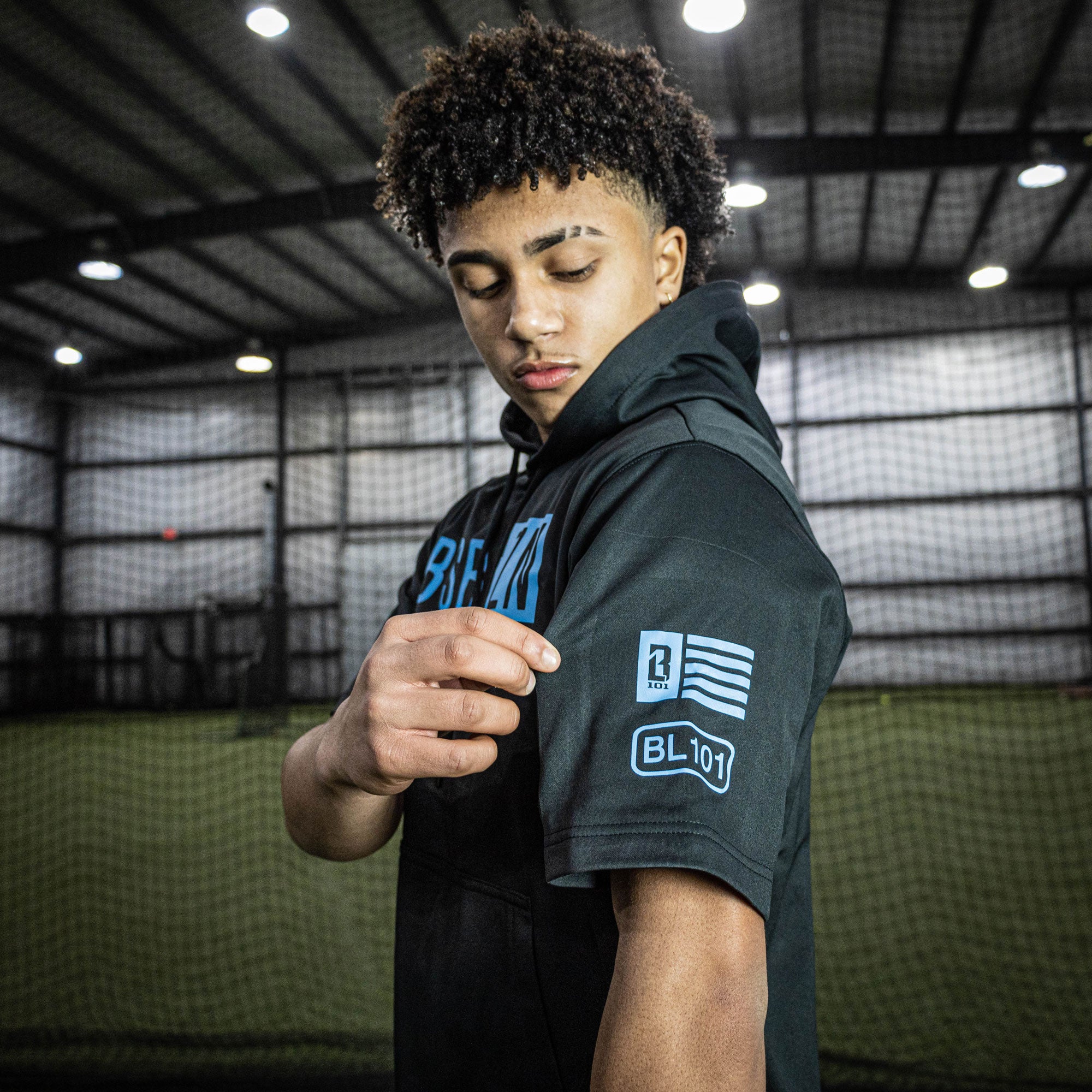 BSBL-SZN Short Sleeve Hoodie V2 - Black/Light Blue - Baseball