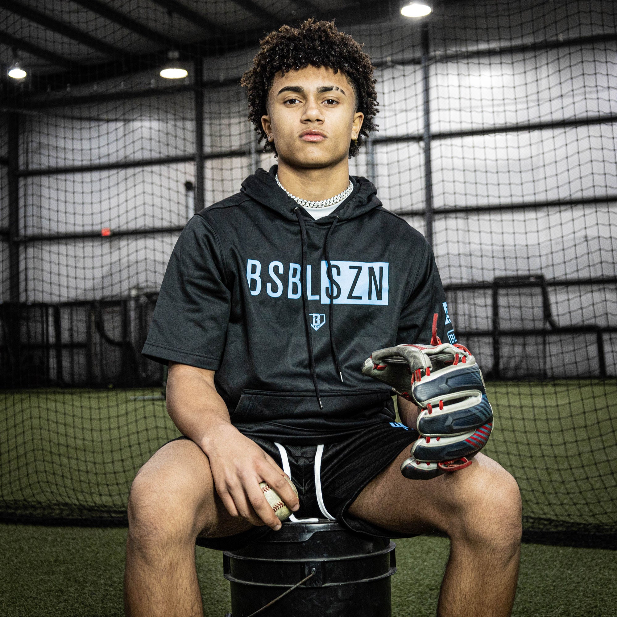 BSBL-SZN Short Sleeve Hoodie V2 - Black/Light Blue - Baseball