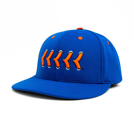 Blue fitted hat with orange stitching