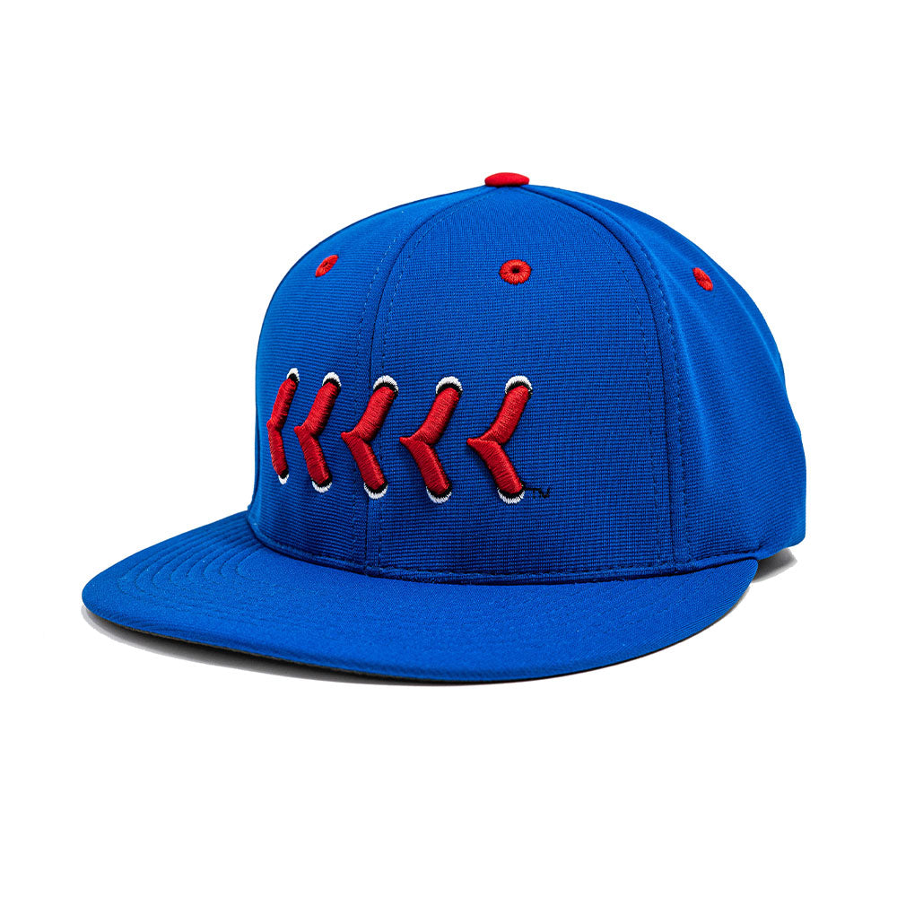 Blue fitted hat with red baseball stitching